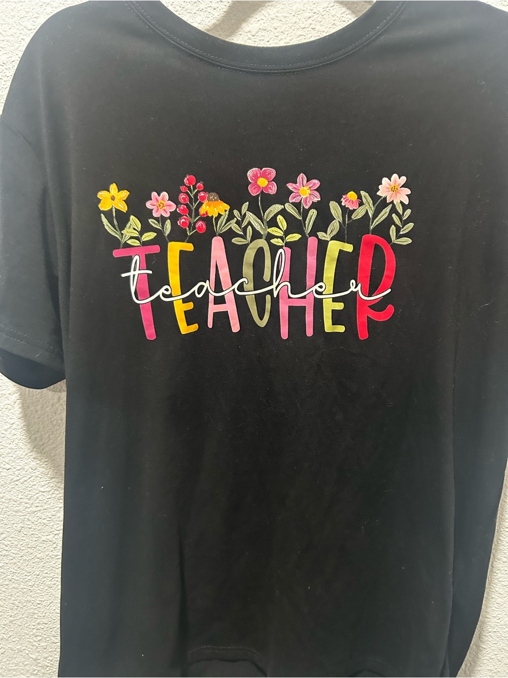 Source Unknown Black 'Teacher' Floral Graphic Tee with Pink Yellow Green Accents